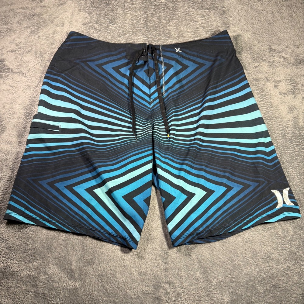 Hurley Phantom Mens Board Shorts Sz 38 Blue Black Geometric Chevron‎ Swim Trunks